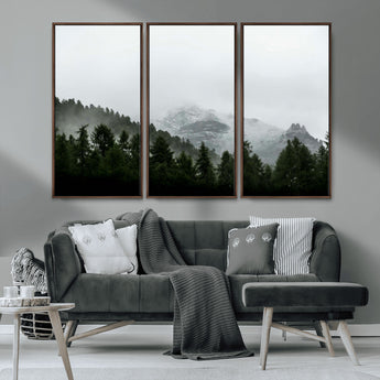 55968349-MGV-CV-36X24-Misty Mountains Wall Art Canvas Print, Framed Foggy Forest Art Picture Print, Snowy Peaks Perfect Moody Wilderness Decor Artwork