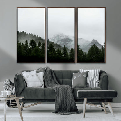 55968349-MGV-CV-36X24-Misty Mountains Wall Art Canvas Print, Framed Foggy Forest Art Picture Print, Snowy Peaks Perfect Moody Wilderness Decor Artwork