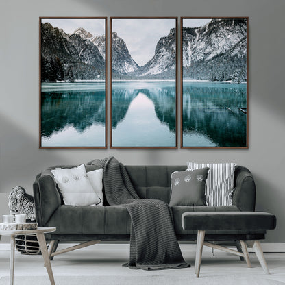73098373-MGV-CV-36X24-Mountain Lake Wall Art Canvas Print, Framed Winter Wonderland Art Picture Print, Snowy Peaks Perfect Modern Nature Decor Artwork