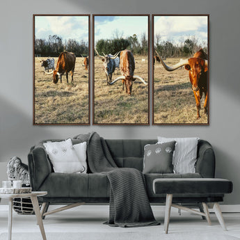 39144651-MGV-CV-36X24-Texas Longhorns Wall Art Canvas Print, Framed Rustic Farm Scene Art Picture Print, Western Cattle Perfect Rustic Farmhouse Decor