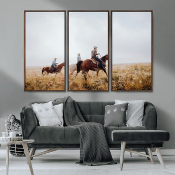 94723307-MGV-CV-36X24-Western Cowboys Wall Art Canvas Print, Framed Rustic Prairie Art Picture Print, Horseback Riding Perfect Rustic Western Decor