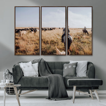 22431577-MGV-FC-48X32-3P_Walnut-Western Wall Art Wall Art Canvas Print, Framed Cowboy Canvas Art Picture Print, Cattle Drive Scene Perfect Rustic Western Decor