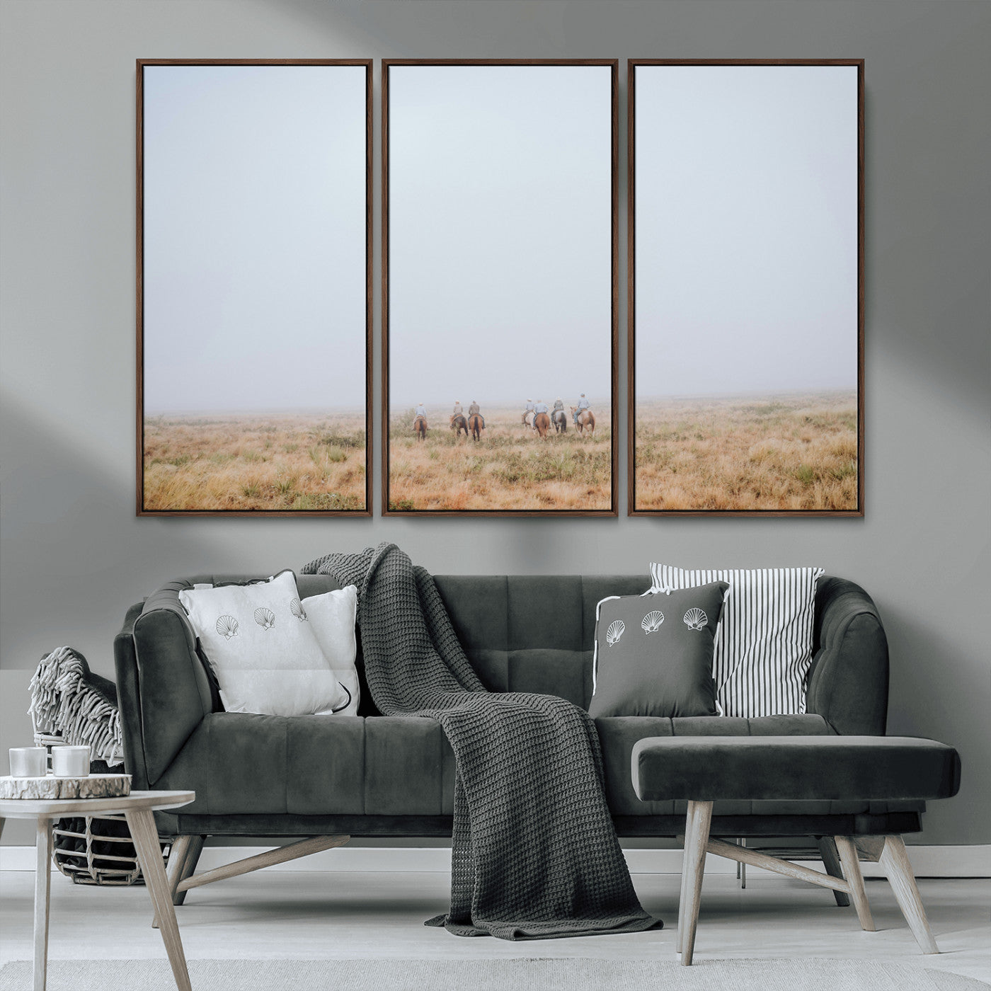 14761944-MGV-CV-36X24-Foggy Plains Wall Art Canvas Print, Framed Horseback Riders Art Picture Print, Rustic Western Perfect Rustic Western Decor Artwork