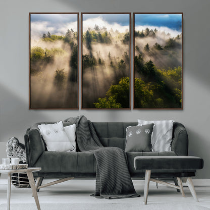 14785710-MGV-CV-36X24-Tranquil Forest Scene Wall Art Canvas Print, Framed Sunbeam Through Trees Art Picture Print, Moody Green Wall Art Perfect