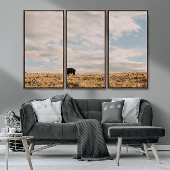 22754563-MGV-CV-36X24-Earthy Tones Wall Art Canvas Print, Framed Rustic Nature Art Picture Print, Solitary Buffalo Perfect Western Minimalist Decor