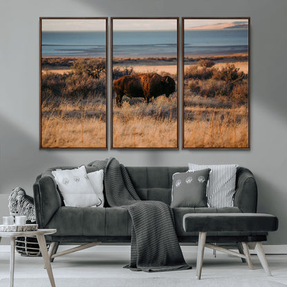 39509187-MGV-CV-36X24-Western Wildlife Wall Art Canvas Print, Framed Bison Art Picture Print, Golden Hour Perfect Western Rustic Decor Artwork