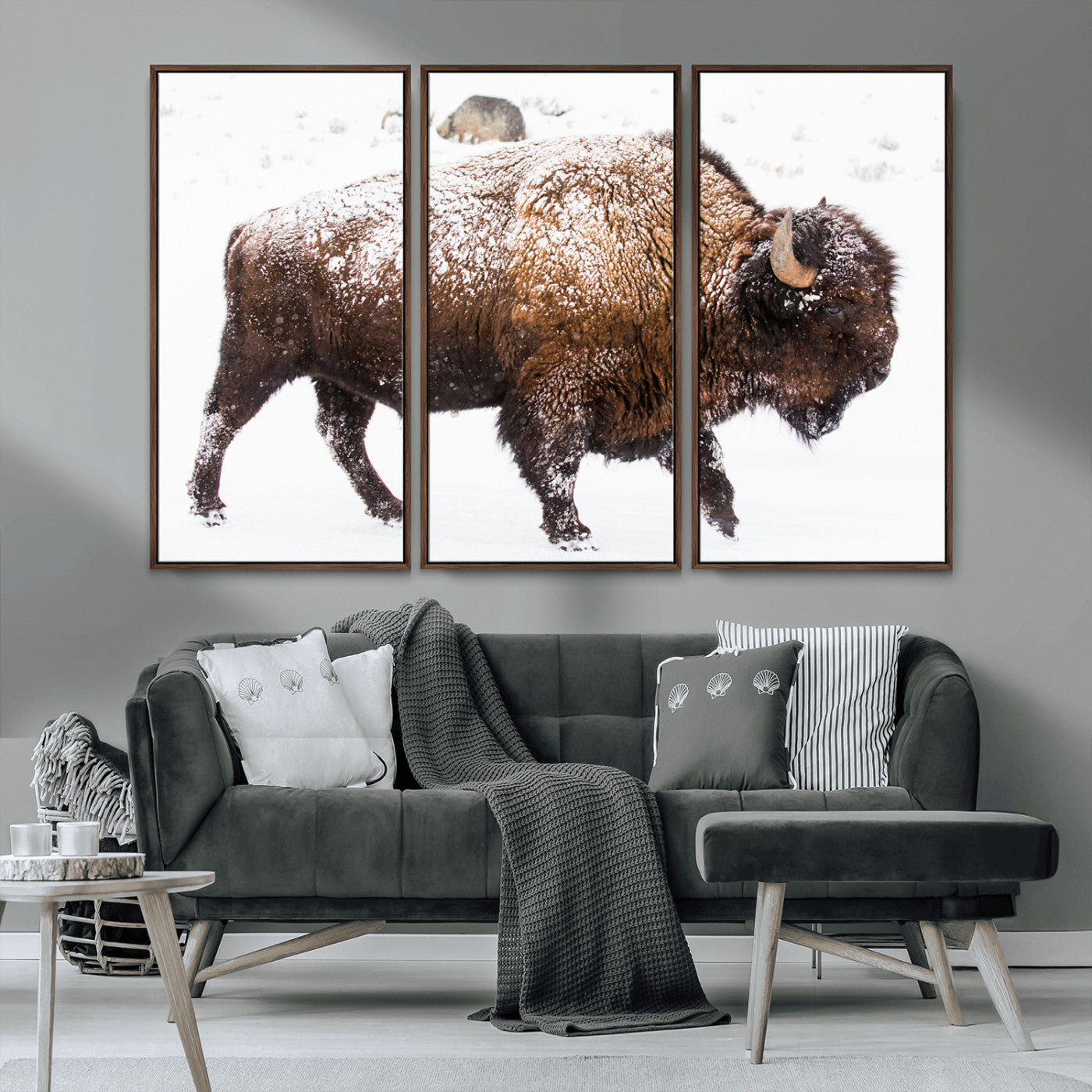 94261165-MGV-CV-36X24-Snowy Buffalo Wall Art Canvas Print, Framed Wildlife Photography Art Picture Print, Brown Tones Perfect Rustic Lodge Decor Decor