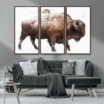 94261165-MGV-CV-36X24-Snowy Buffalo Wall Art Canvas Print, Framed Wildlife Photography Art Picture Print, Brown Tones Perfect Rustic Lodge Decor Decor