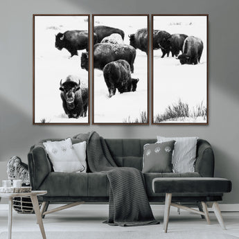 18914414-MGV-CV-36X24-Buffalo Herd Wall Art Canvas Print, Framed Black and White Art Picture Print, Snowy Landscape Perfect Rustic Lodge Decor Decor