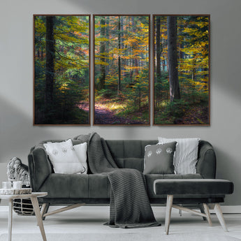 65810864-MGV-CV-36X24-Autumn Forest Wall Art Canvas Print, Framed Fall Woodland Art Picture Print, Golden Leaves Perfect Rustic Farmhouse Decor Artwork