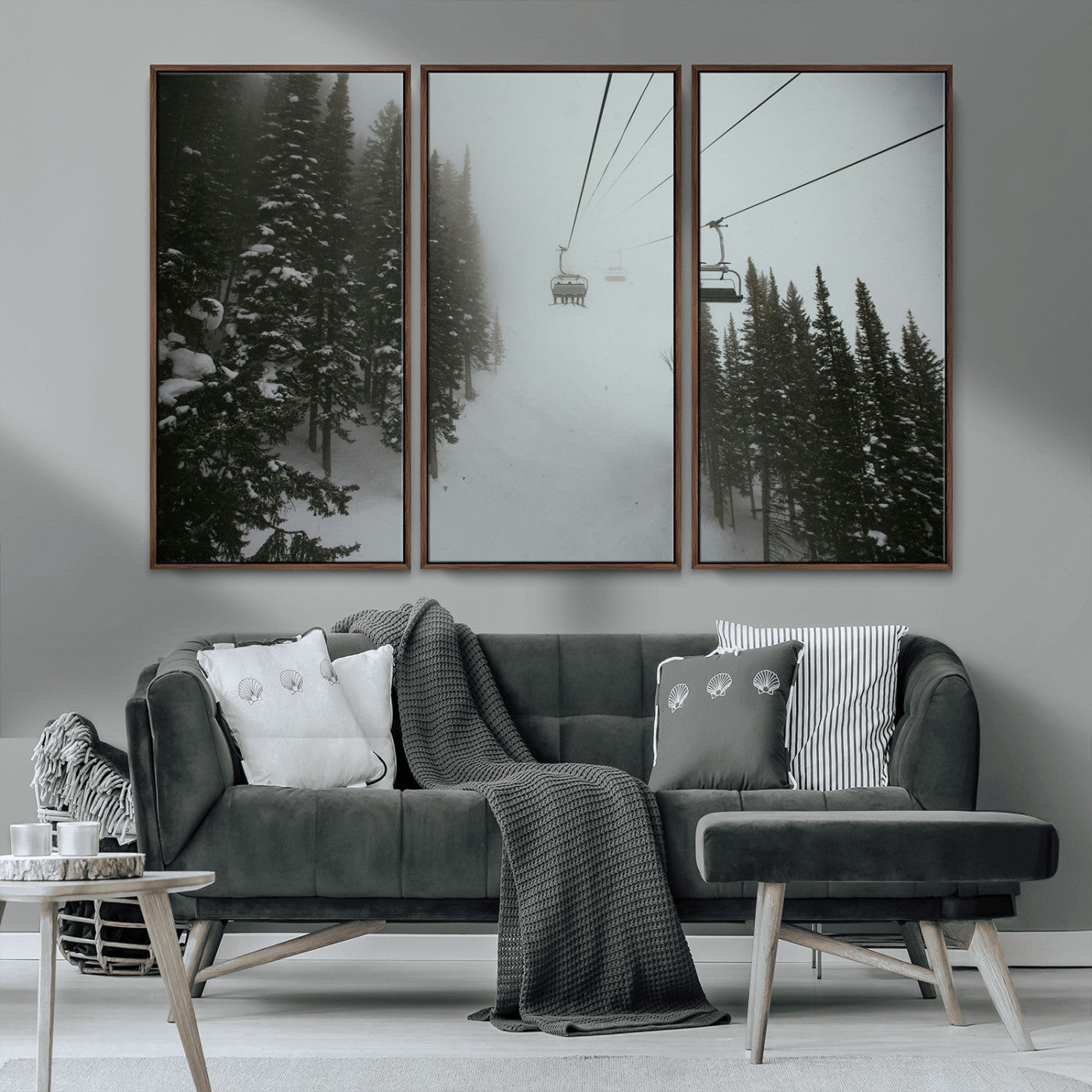 87018452-MGV-CV-36X24-Ski Lift Wall Art Canvas Print, Framed Snowy Pines Art Picture Print, Misty Landscape Perfect Winter Serenity Decor Artwork