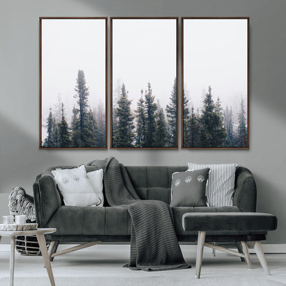 42364796-MGV-FC-48X32-3P_Walnut-Foggy Forest Wall Art Canvas Print, Framed Misty Pines Art Picture Print, Moody Woodland Perfect Scandinavian Minimalist Decor