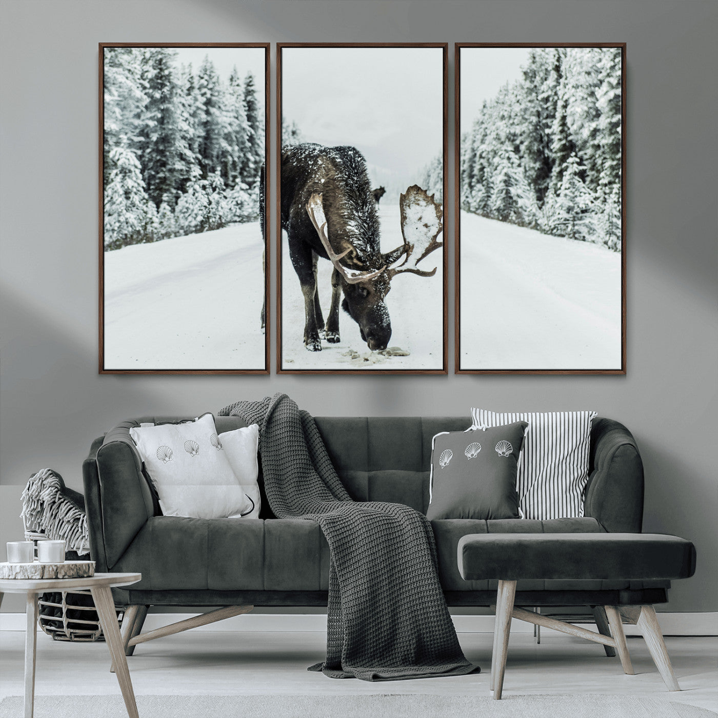 13316292-MGV-CV-36X24-Moose in Snow Wall Art Canvas Print, Framed Winter Wildlife Art Picture Print, Snowy Forest Scene Perfect Rustic Lodge Decor