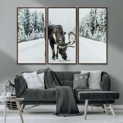13316292-MGV-CV-36X24-Moose in Snow Wall Art Canvas Print, Framed Winter Wildlife Art Picture Print, Snowy Forest Scene Perfect Rustic Lodge Decor
