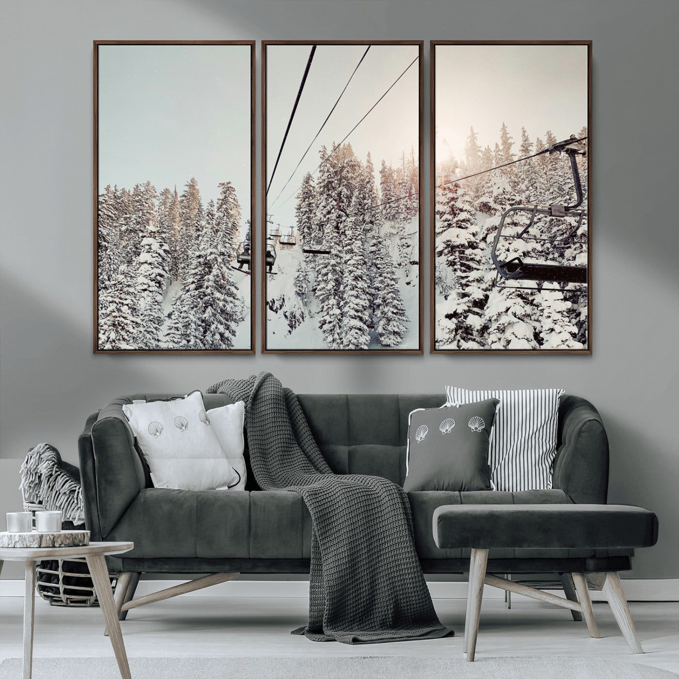 91534512-MGV-CV-36X24-Frosty Pines Wall Art Canvas Print, Framed Cozy Cabin View Art Picture Print, Ski Lift Ride Perfect Rustic Lodge Decor Artwork