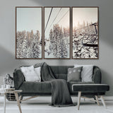 91534512-MGV-CV-36X24-Frosty Pines Wall Art Canvas Print, Framed Cozy Cabin View Art Picture Print, Ski Lift Ride Perfect Rustic Lodge Decor Artwork
