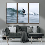 11693607-MGV-FC-48X32-3P_Walnut-Surfer on Wave Wall Art Canvas Print, Framed Ocean Adventure Art Picture Print, Motion Blur Water Perfect Coastal Adventure Decor