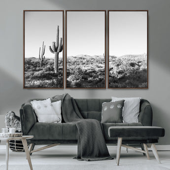 85205054-MGV-CV-36X24-Saguaro Cactus Wall Art Canvas Print, Framed Monochrome Landscape Art Picture Print, Scenic Arizona View Perfect Minimalist