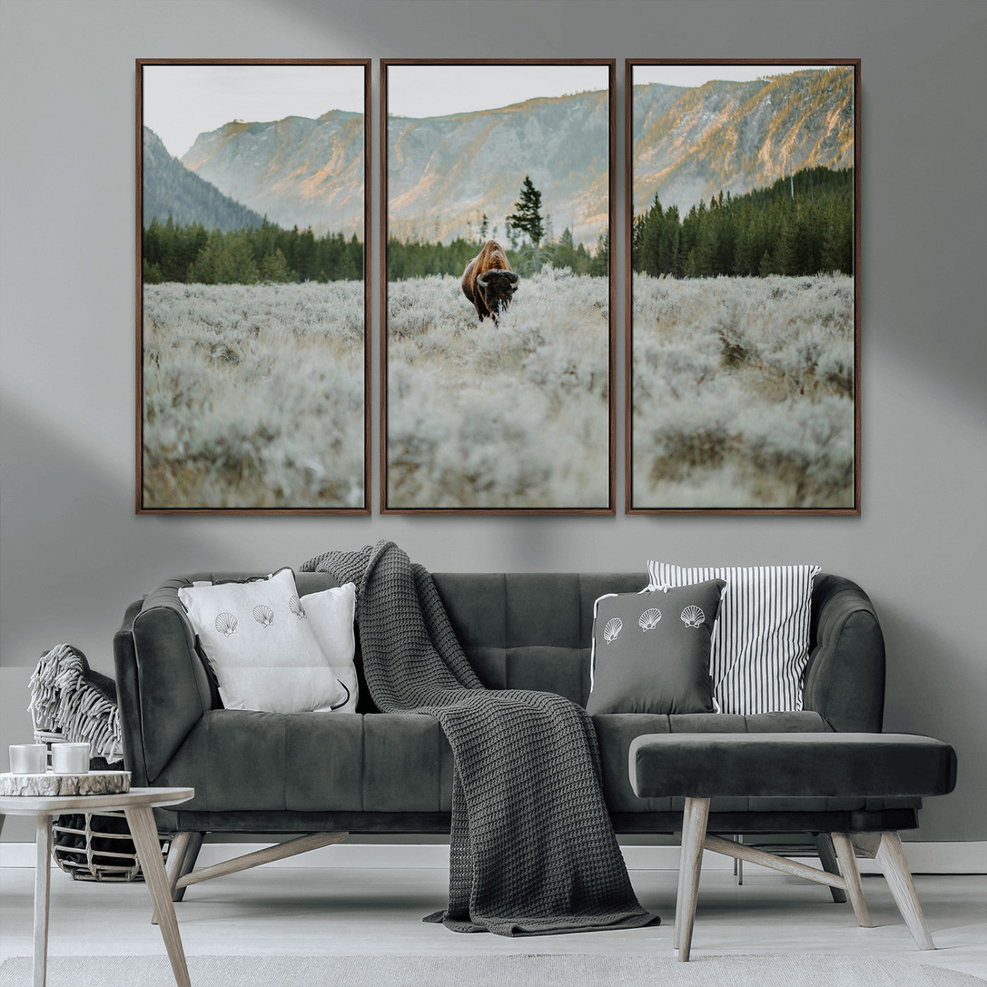 41674074-MGV-FC-48X32-3P_Walnut-Bison Wall Art – American Buffalo Wildlife Photography Canvas Print, Western Mountain Landscape Artwork Rustic Nature Decor for