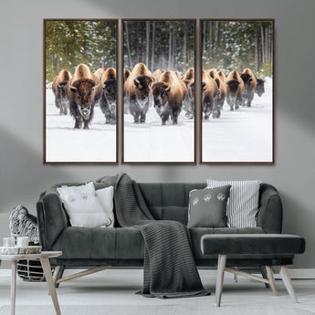 96906195-MGV-CV-36X24-Bison Herd Wall Art – American Buffalo Wildlife Photography Canvas Print, Winter Snow Scene Western Nature Decor for Living Room,