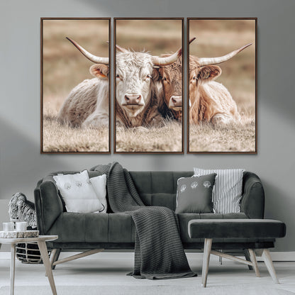 38651722-MGV-CV-36X24-Cow Wall Art – Rustic Longhorn Pair Canvas Print, Western Farmhouse Animal Painting, Country Ranch Decor for Living Room, Bedroom,