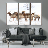 41416314-MGV-FC-48X32-3P_Walnut-Elk Wall Art – Wildlife Herd Canvas Print in Snowy Landscape, Rustic Nature Painting, Western Cabin Lodge Decor for Living Room,