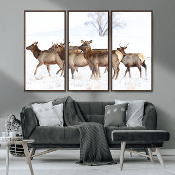 41416314-MGV-FC-48X32-3P_Walnut-Elk Wall Art – Wildlife Herd Canvas Print in Snowy Landscape, Rustic Nature Painting, Western Cabin Lodge Decor for Living Room,
