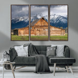 15173627-MGV-CV-36X24-Barn Wall Art – Rustic Wooden Cabin Canvas Print with Snowy Mountain Landscape, Western Farmhouse Country Decor for Living Room,