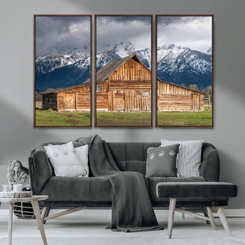 15173627-MGV-CV-36X24-Barn Wall Art – Rustic Wooden Cabin Canvas Print with Snowy Mountain Landscape, Western Farmhouse Country Decor for Living Room,