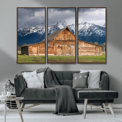 15173627-MGV-CV-36X24-Barn Wall Art – Rustic Wooden Cabin Canvas Print with Snowy Mountain Landscape, Western Farmhouse Country Decor for Living Room,