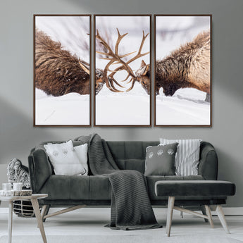 99240306-MGV-CV-36X24-Elk Wall Art – Two Bull Elk Fighting in Snow Canvas Print, Rustic Wildlife Artwork for Cabin, Lodge, Western Farmhouse, Nature &