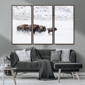 61161423-MGV-CV-36X24-Running Bison Herd Wall Art – Winter Buffalo Canvas Print, Wildlife Photography Decor for Rustic Living Room, Farmhouse, Lodge,