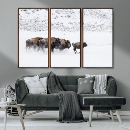 61161423-MGV-CV-36X24-Running Bison Herd Wall Art – Winter Buffalo Canvas Print, Wildlife Photography Decor for Rustic Living Room, Farmhouse, Lodge,