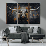 93195031-MGV-CV-36X24-Dark Longhorn Bull Wall Art – Western Steer Canvas Print, Moody Rustic Animal Painting for Man Cave, Ranch House, Office or Modern