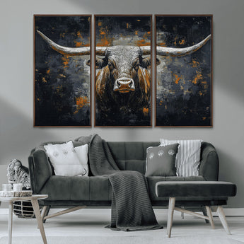 93195031-MGV-CV-36X24-Dark Longhorn Bull Wall Art – Western Steer Canvas Print, Moody Rustic Animal Painting for Man Cave, Ranch House, Office or Modern