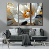 39604126-MGV-CV-36X24-Abstract Flower Wall Art – Elegant White and Gold Bloom Canvas Print, Modern Floral Artwork for Bedroom, Living Room, or Office