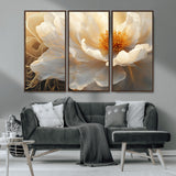 29539087-MGV-CV-36X24-Floral Wall Art – Elegant White and Gold Bloom Canvas Print, Romantic Modern Flower Artwork for Bedroom, Living Room, or Office