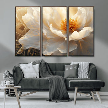 29539087-MGV-CV-36X24-Floral Wall Art – Elegant White and Gold Bloom Canvas Print, Romantic Modern Flower Artwork for Bedroom, Living Room, or Office