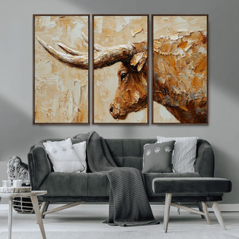 69611428-MGV-CV-36X24-Longhorn Bull Wall Art – Rustic Western Canvas Print, Textured Farmhouse Cattle Painting for Living Room, Office, or Ranch House