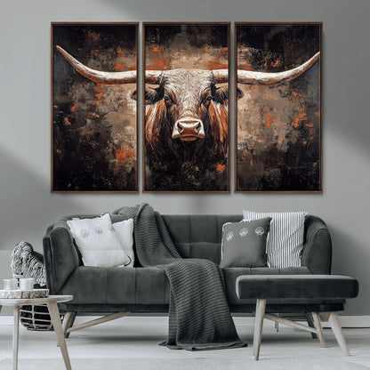 24779067-MGV-CV-36X24-Longhorn Bull Wall Art – Western Rustic Canvas Print, Bold Cowboy Cattle Painting for Ranch House, Farmhouse, Office, or Living