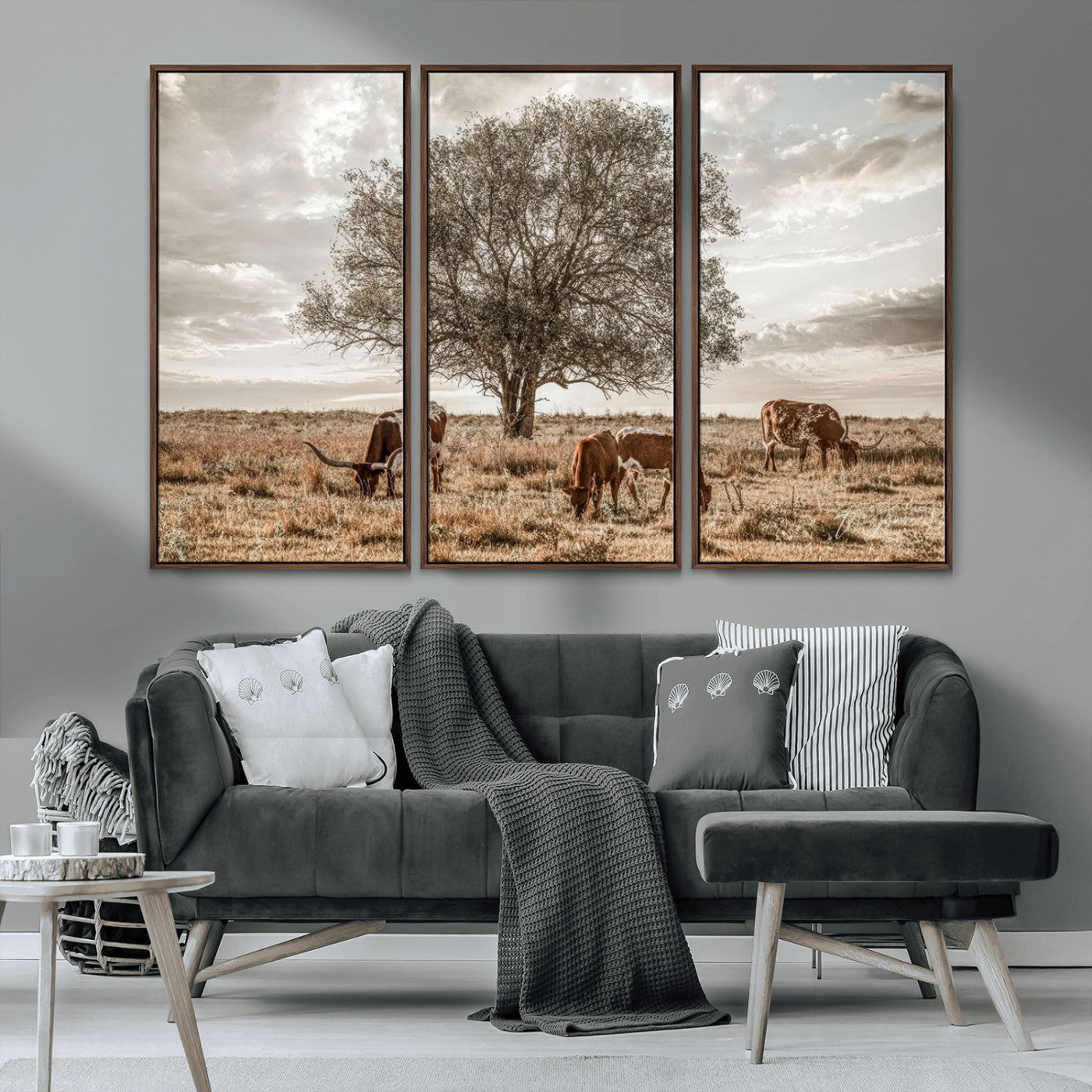 87590224-MGV-CV-36X24-Longhorn Cattle Wall Art – Rustic Western Landscape Canvas Print, Texas Farmhouse Prairie Scene for Living Room, Office, or Ranch
