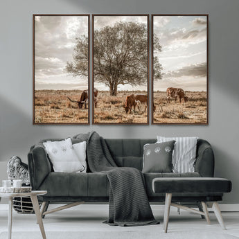 87590224-MGV-CV-36X24-Longhorn Cattle Wall Art – Rustic Western Landscape Canvas Print, Texas Farmhouse Prairie Scene for Living Room, Office, or Ranch
