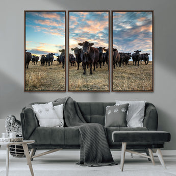 13867292-MGV-FC-48X32-3P_Walnut-Black Cattle Wall Art – Rustic Ranch Herd Canvas Print, Western Farmhouse Country Landscape Decor for Living Room, Office, or