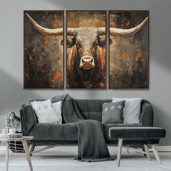 19204445-MGV-CV-36X24-Texas Longhorn Bull Wall Art – Rustic Western Canvas Print, Bold Cowboy Cattle Painting for Ranch House, Farmhouse, Office, or