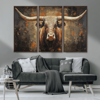 19204445-MGV-CV-36X24-Texas Longhorn Bull Wall Art – Rustic Western Canvas Print, Bold Cowboy Cattle Painting for Ranch House, Farmhouse, Office, or