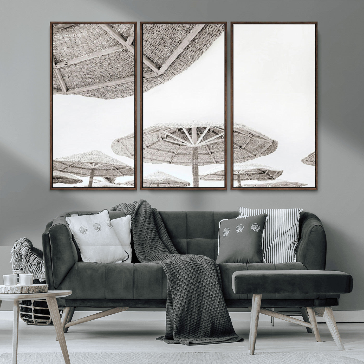 97043123-MGV-CV-36X24-Beach Umbrella Wall Art – Minimalist Coastal Canvas Print, Woven Parasol Summer Decor for Bedroom, Living Room, or Modern Beach