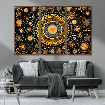 45478523-MGV-CV-36X24-Abstract Circle Wall Art – Bold Black and Gold Dot Painting Canvas Print, Modern Geometric Mandala Style Decor for Living Room or