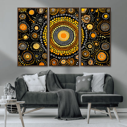 45478523-MGV-CV-36X24-Abstract Circle Wall Art – Bold Black and Gold Dot Painting Canvas Print, Modern Geometric Mandala Style Decor for Living Room or