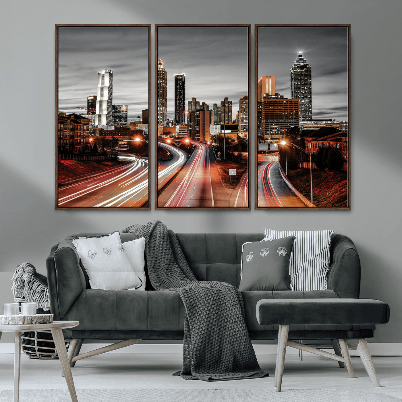 59097239-MGV-CV-36X24-City Skyline Wall Art – Modern Black and White Night Canvas Print with Red Light Trails, Urban Landscape Decor for Living Room or