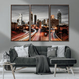 59097239-MGV-CV-36X24-City Skyline Wall Art – Modern Black and White Night Canvas Print with Red Light Trails, Urban Landscape Decor for Living Room or